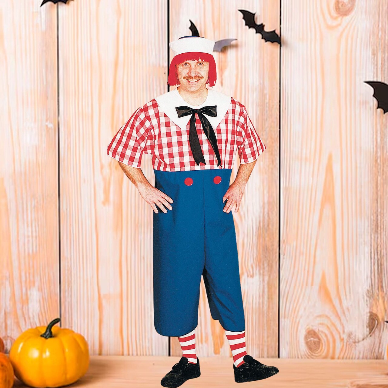 Eye Catching Mens Raggedy Andy Costume One Piece Jumpsuit Hat Yarn Hair Outfit